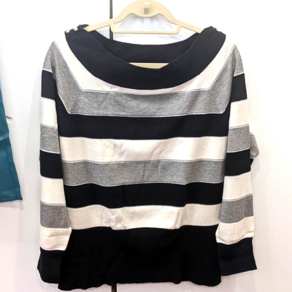 WHBM boatneck sweater, silver/grey/black/ivory with silver button details, XL